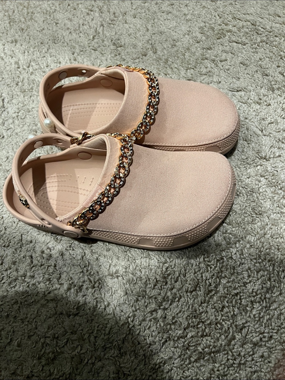 CROCS Blush Pink Slip-On Clog with Gold Chain Accent - Picture 1 of 4
